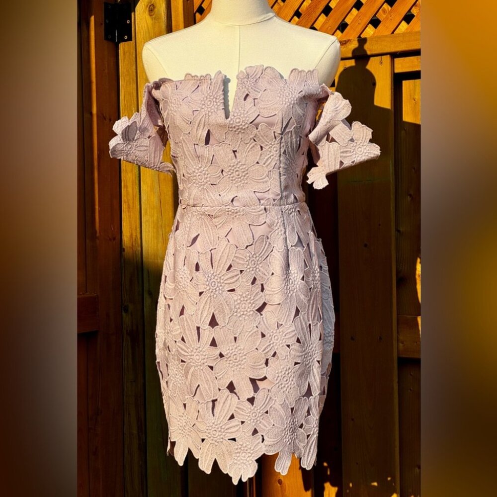 🆕 SAYLOR x FREE PEOPLE 🧿 NWOT Dahlia Lace Off Shoulder Tie Mini Dress - Sz S - Picture 3 of 16